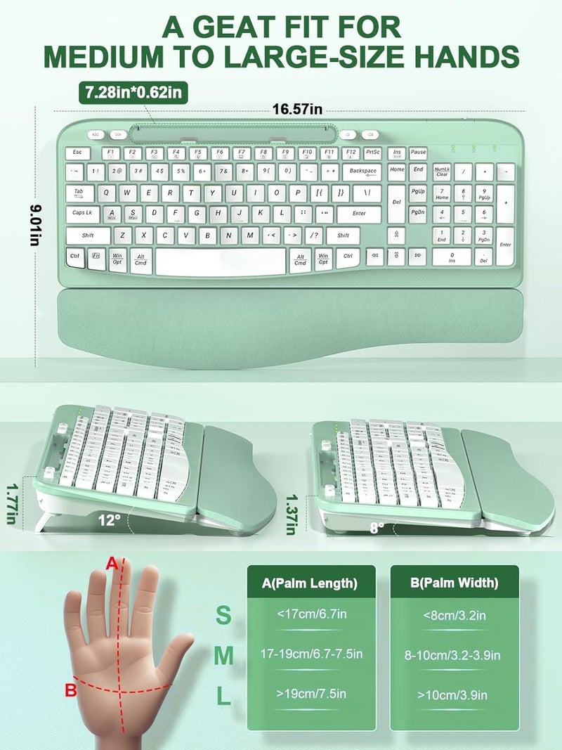 EAYBLLY Ergonomic Wireless Keyboard with Cushioned Wrist Rest, Wave Keys, Phone Holder, Comfortable Natural Typing, 2.4GHz Full Size Cordless USB Computer Keyboard for Windows, Mac OS, Laptop, PC (Mint Green) - Image 2